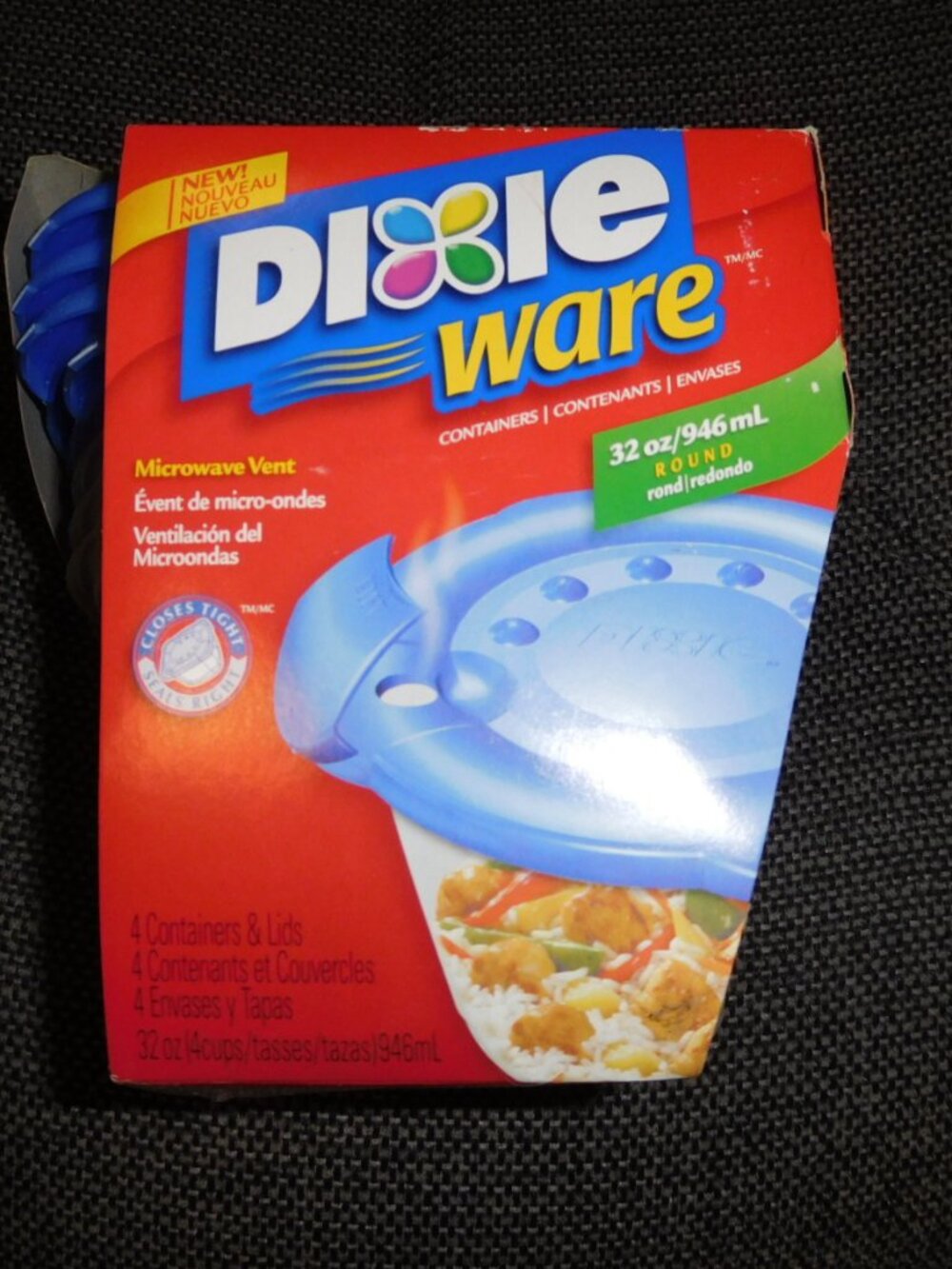 Dixie Ware 4 Count Pack Plastic Food Containers Microwave Vent 32 oz round NEW